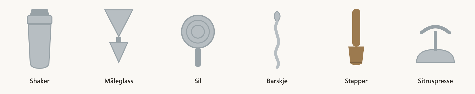 Seks barverktøy tegnet og navngitt: shaker, måleglass, sil, barskje, stapper og sitruspresse