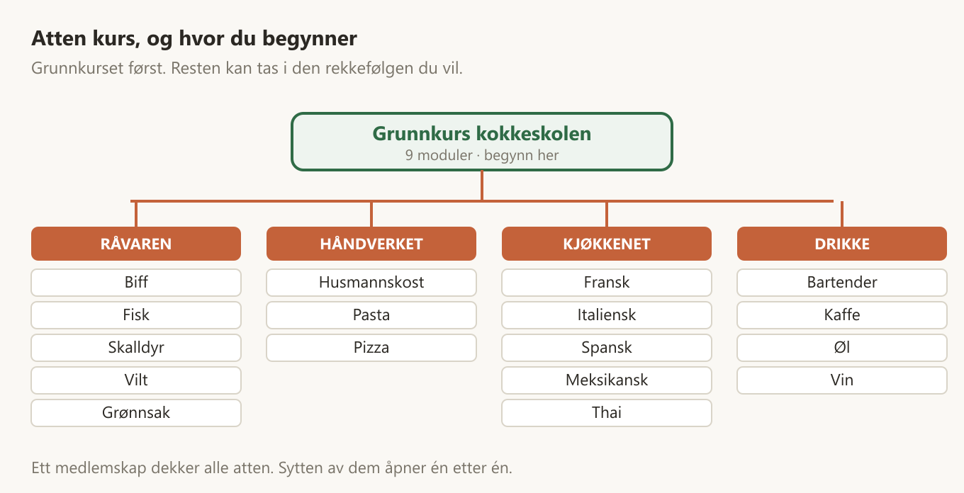 Grunnkurs kokkeskolen øverst, med en strek ned til fire grupper: råvaren, håndverket, kjøkkenet og drikke, med til sammen sytten kurs under seg