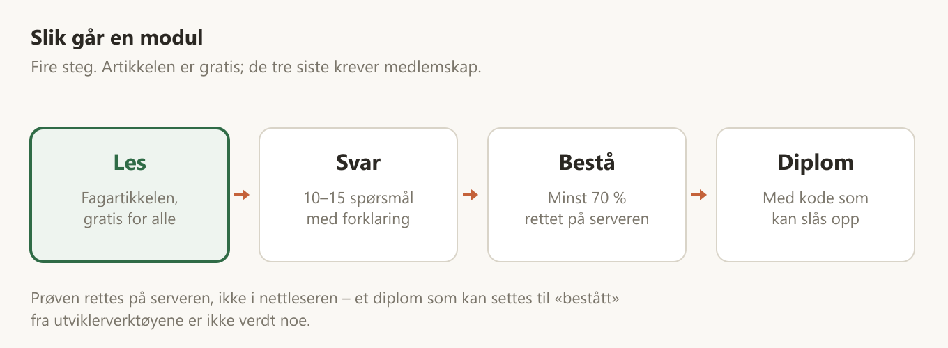 Fire steg gjennom en modul: les artikkelen gratis, svar på ti til femten spørsmål, bestå med minst 70 prosent, og få diplom med en kode som kan slås opp
