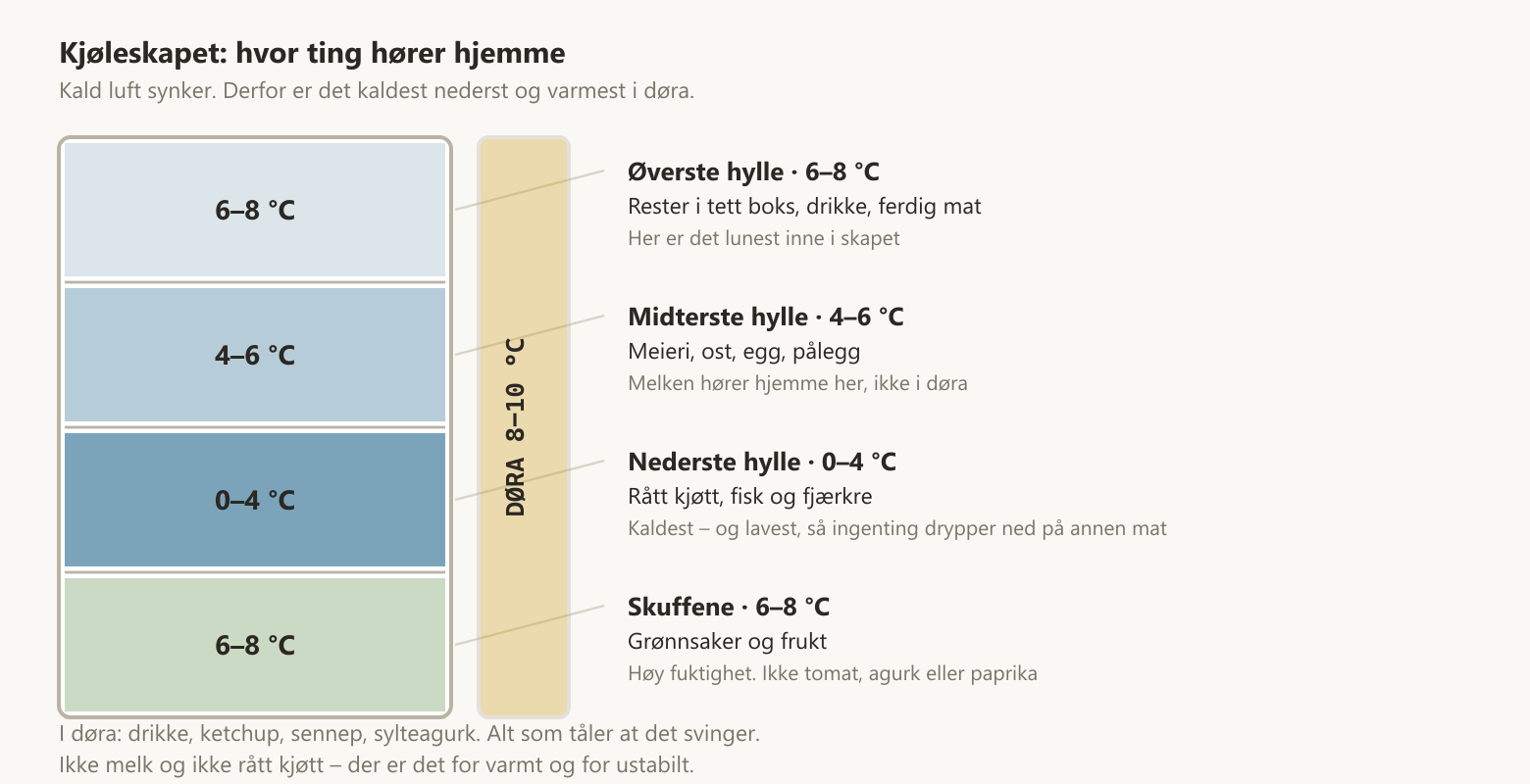Kjøleskapet i snitt med temperatur på hver hylle og hva som hører hjemme hvor